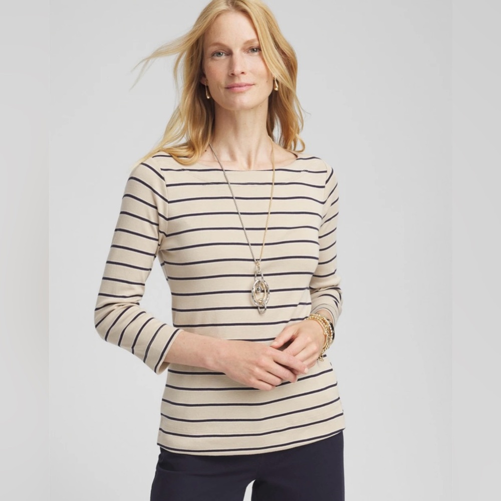 Chico’s Stripe 3/4 Sleeve Bateau Neck Tee Beige Size 1 (Medium)